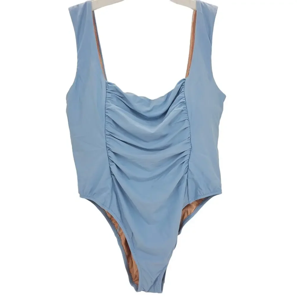 J. Crew Womans size 22 Ruched Square Neck One Piece Swimsuit Cheeky Blue NEW